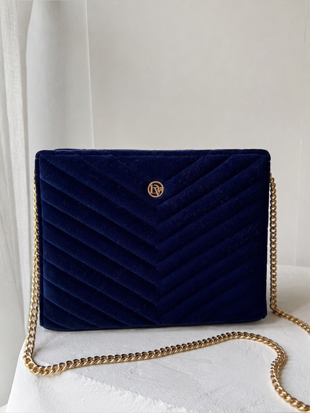 Navy Velvet Quilted Evening Bag Gold Chain Crossbody Clutch
